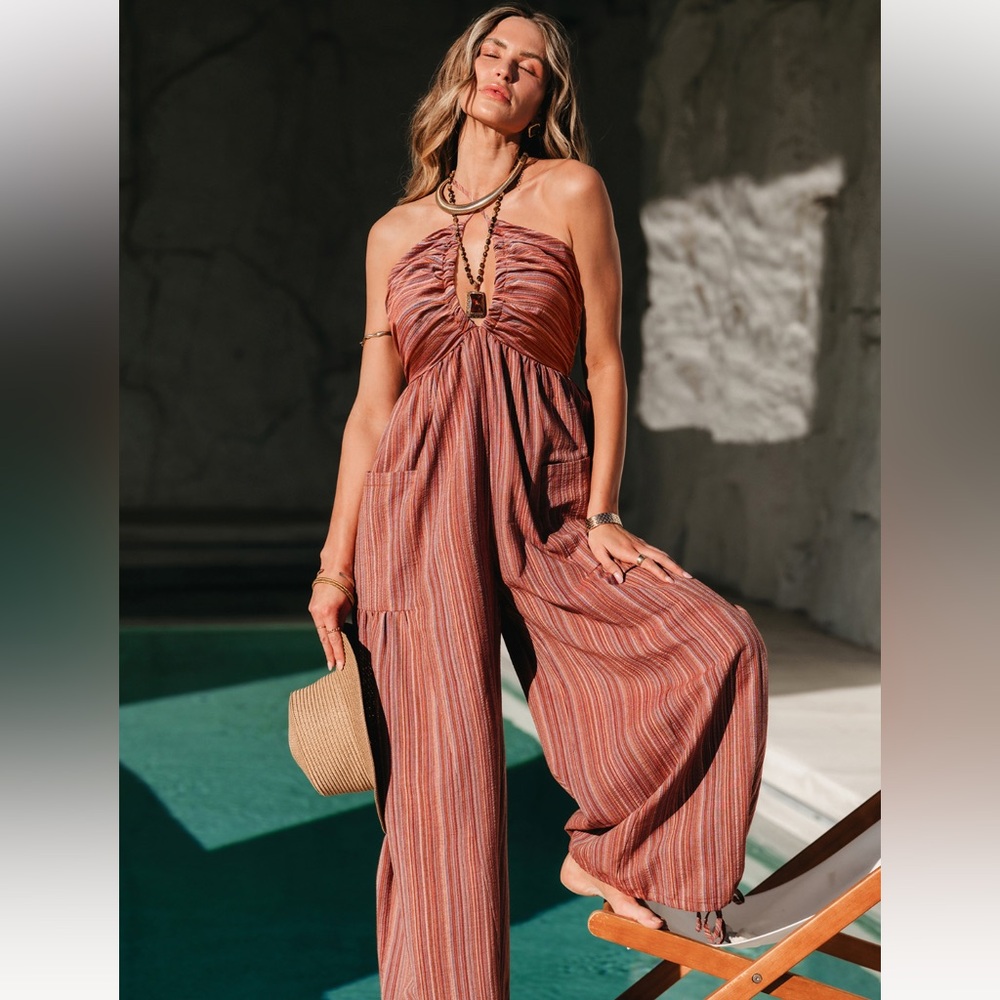 Cupshe Rust Striped Halter Jumpsuit
